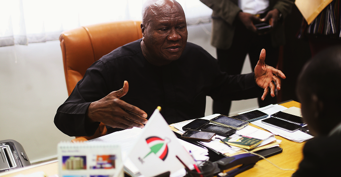 The NDC’s National Chairman, Mr Kofi Portuphy, explaining a point to Yakubu Abdul-Jalil, a Daily Graphic reporter, at the party’s headquarters in Accra yesterday.